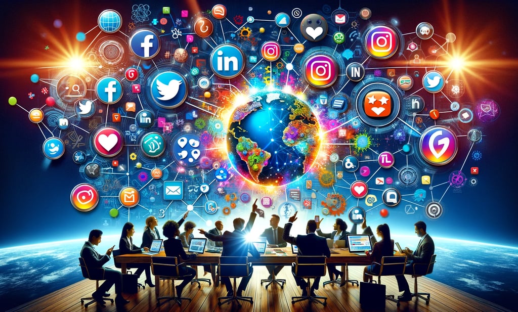 a group of people sitting around a table with social media symbols