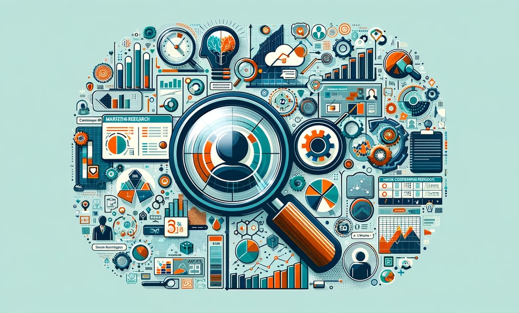 a magnifying glass and marketing symbols