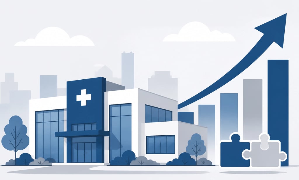Flat-style vector illustration of a professional healthcare office building with a strategic growth