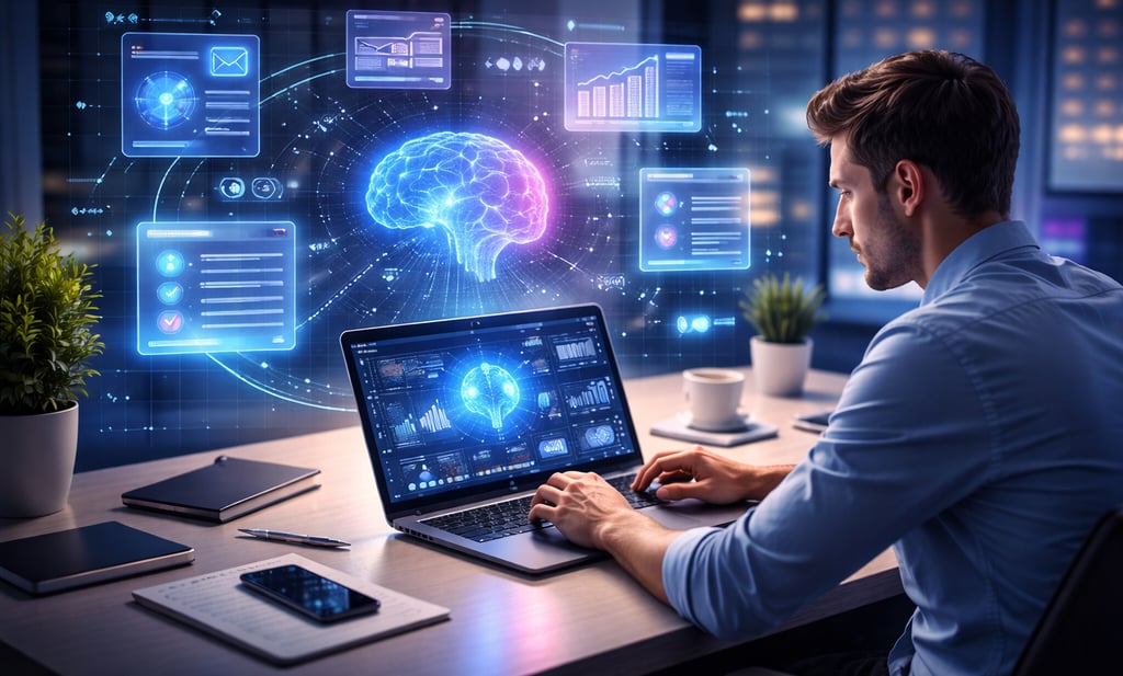 Homem profissional usando um laptop com um cérebro humano digital brilhante e uma interface