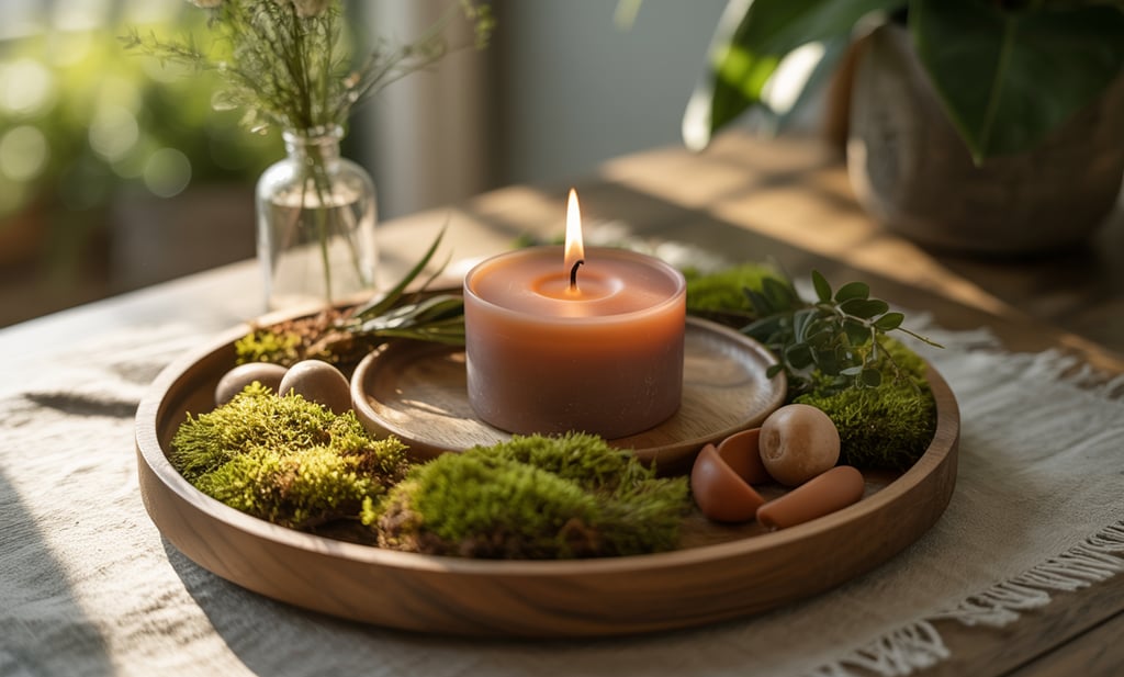 a candle with a candle in a wooden tray
