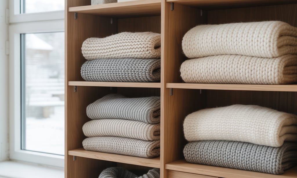 a shelf of folded towels and blankets in a room