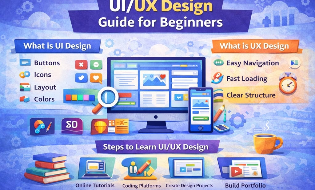 Infographic explaining UI/UX design for beginners including UI elements like buttons, icons, layout,