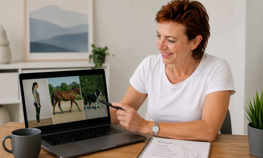 A physical therapist analyzes human and animal posture using software on a laptop.
