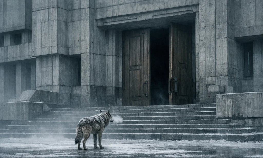 a wolf dog standing in front of a building