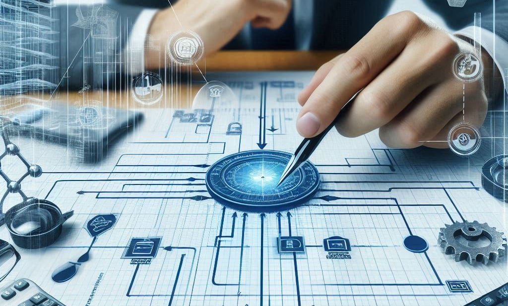 a man in a suit and glasses is looking at a computer screen with a blue