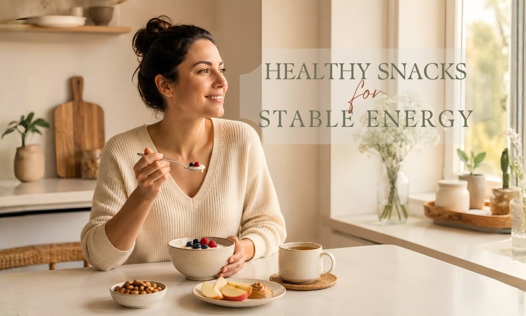 Woman enjoying a healthy snack with Greek yogurt, berries, nuts, and herbal tea at a kitchen table.