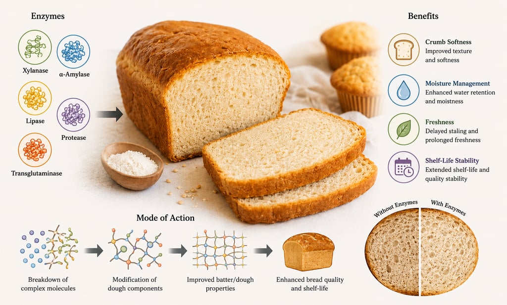 Gluten-free bread infographic illustrating enzyme-supported crumb softness, moisture management