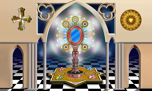 A standing scrying mirror on a plate in a Masonic room