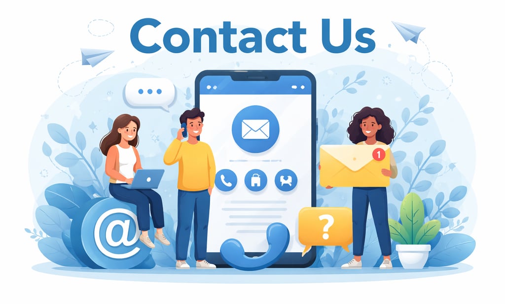 Contact Us page banner illustration with phone, email, and chat icons representing customer support