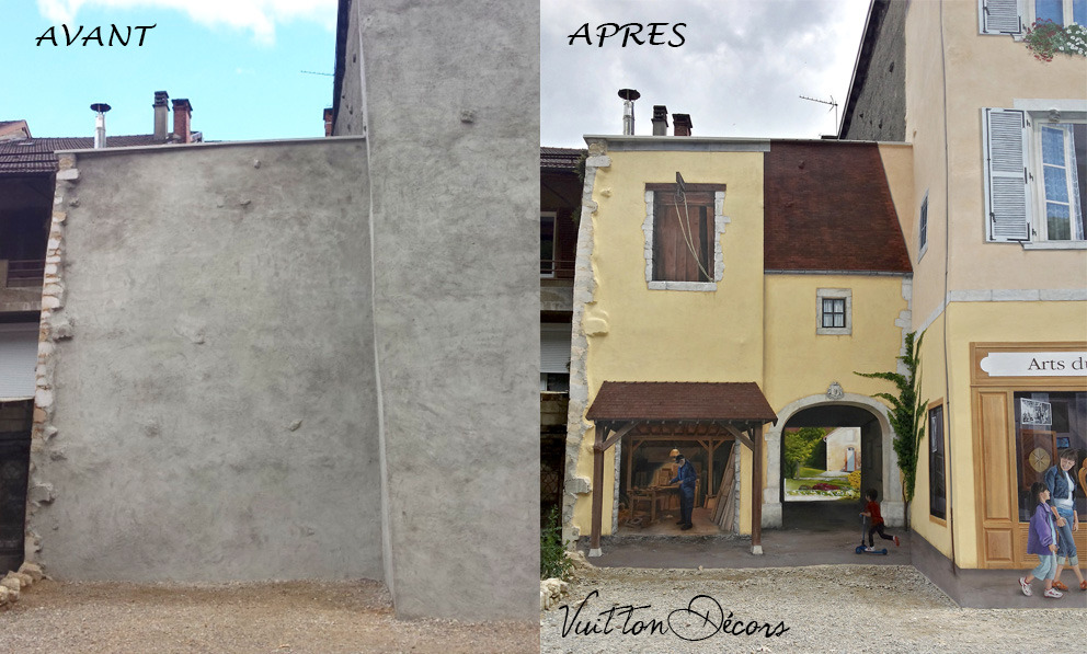 Photos avant et après la réalisation d'un grand trompe-l'oeil sur des façades, à Moirans-en-Montagne