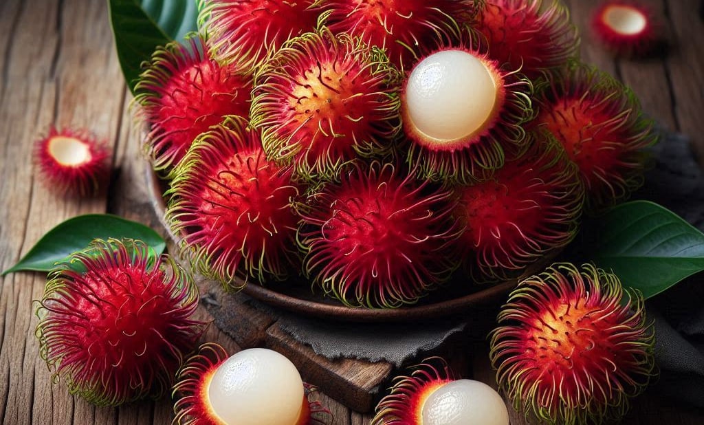 a bowl of rambutanh fruit on a wooden table