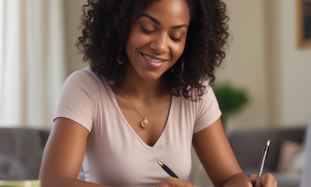 A woman in a light dress stands in a well-organized kitchen, holding a small black bottle with a bowl of oranges in front of her on a wooden table. The kitchen features white cabinets, open shelving with cups and jars, and a variety of hats and plants in the background, adding to the cozy and natural atmosphere.