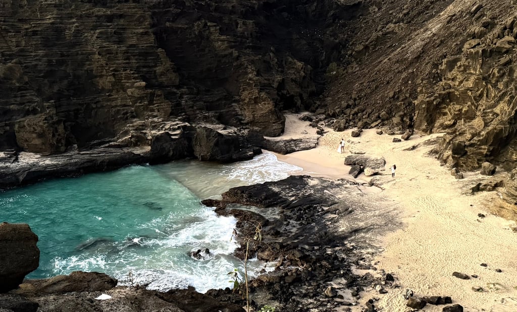 Halona Cove, Eternity Beach, a secluded cove with turquoise water and dark cliffs