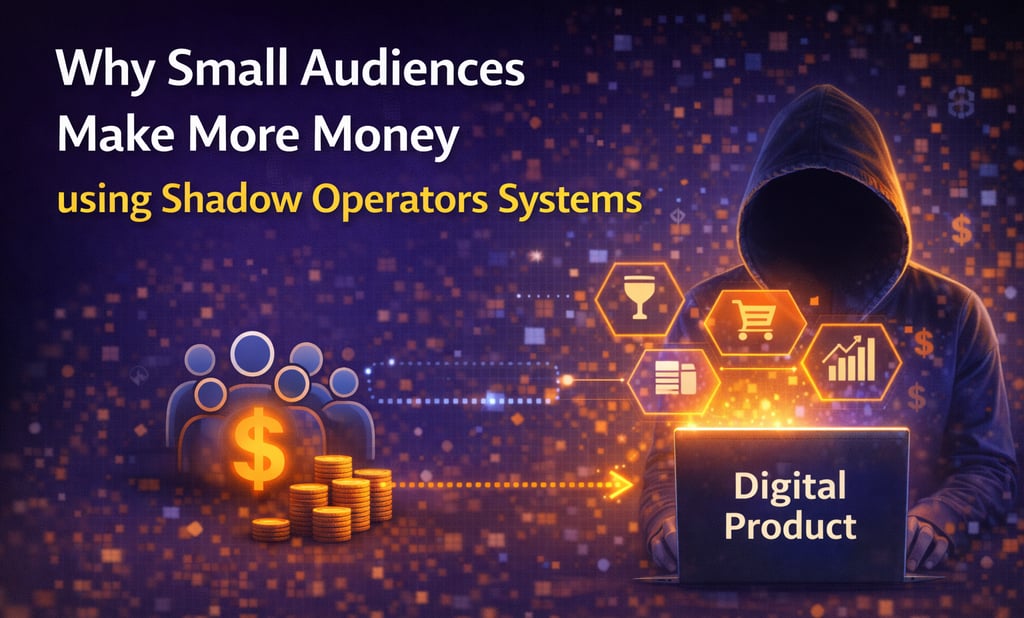 Hooded figure using Shadow Operators Systems to monetize a small audience with digital products.