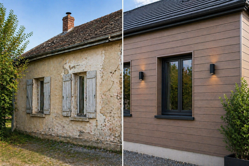 Renovation facade maison avant apres bardage.