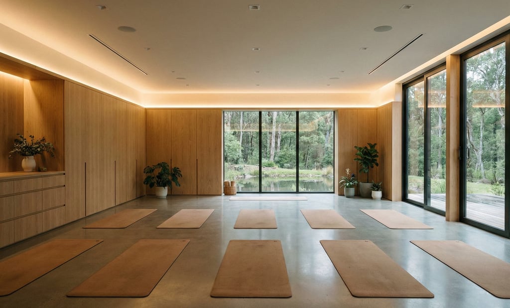 Flexible wellness studio design adapted for yoga, functional fitness, and meditation.