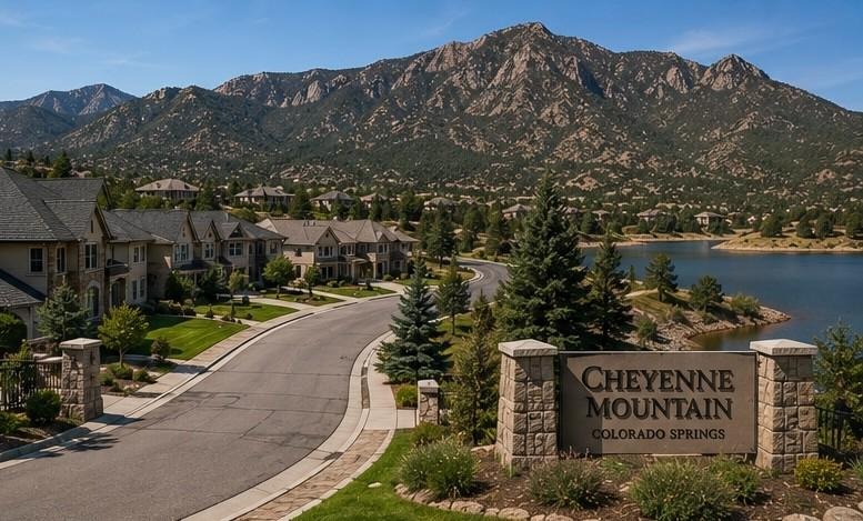 prestigious residential neighbourhood at base of Cheyenne Mountain Colorado Springs showing large homes with mountain