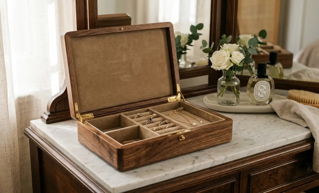 Grande boîte à bijoux ouverte en bois massif de noyer avec intérieur en velours, posée sur une coiffeuse.
