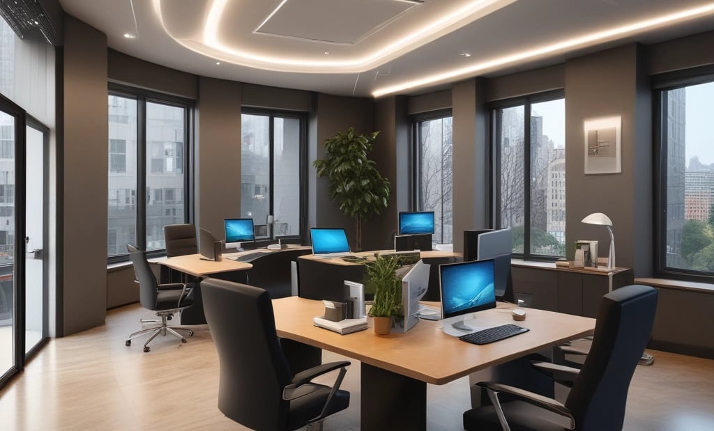 A large construction site with a modern multi-story building under renovation. A yellow crane is positioned near the building, and several workers in safety gear are visible on the rooftop, indicating ongoing construction work. Scaffolding is set up along the side of the building. The scene is sunlit under a clear blue sky.