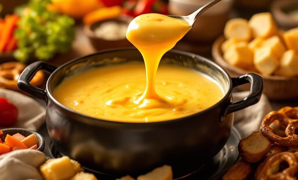 beer and cheese Fondue with pretzels and pieces of bread