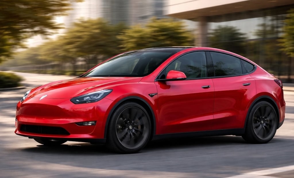 Tesla Model Y vermelho em movimento na cidade com fundo urbano desfocado