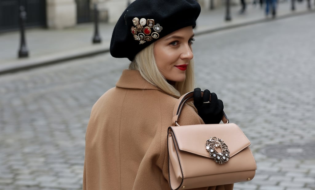 Blonde woman wearing a black French beret and camel coat carrying a beige designer handbag on a city street.