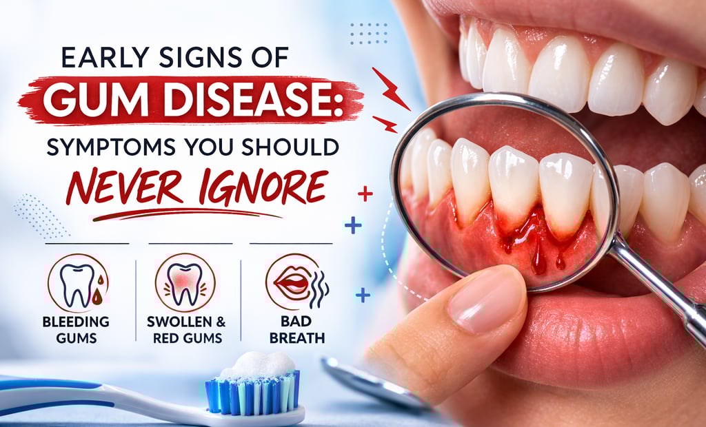 Close-up image of inflamed, bleeding gums examined with a dental mirror, alongside bold text highlig