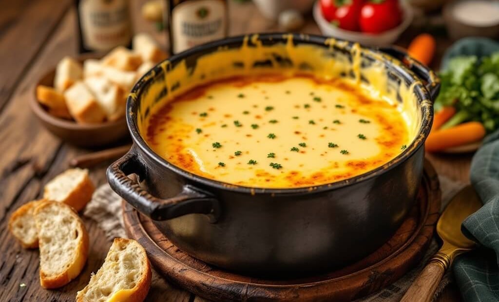 Irish Stout Fondue with bottles of Irish Stout and bread