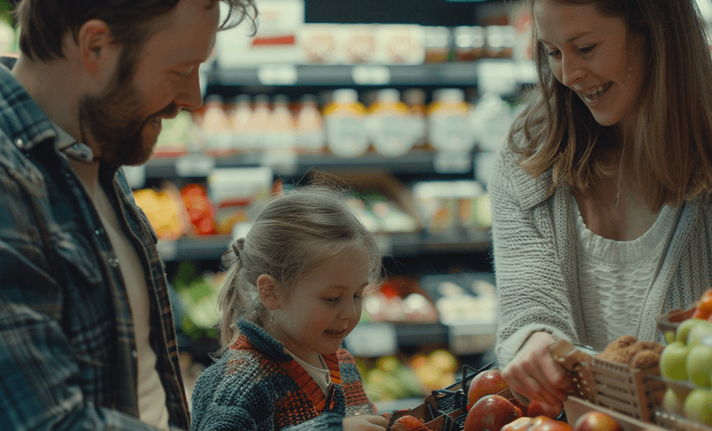 Family selecting fruits and vegetables at a local supermarket