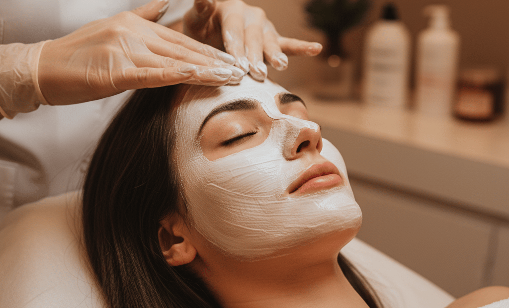 Mulher recebendo limpeza de pele profunda e relaxante em salão de beleza em Bauru.