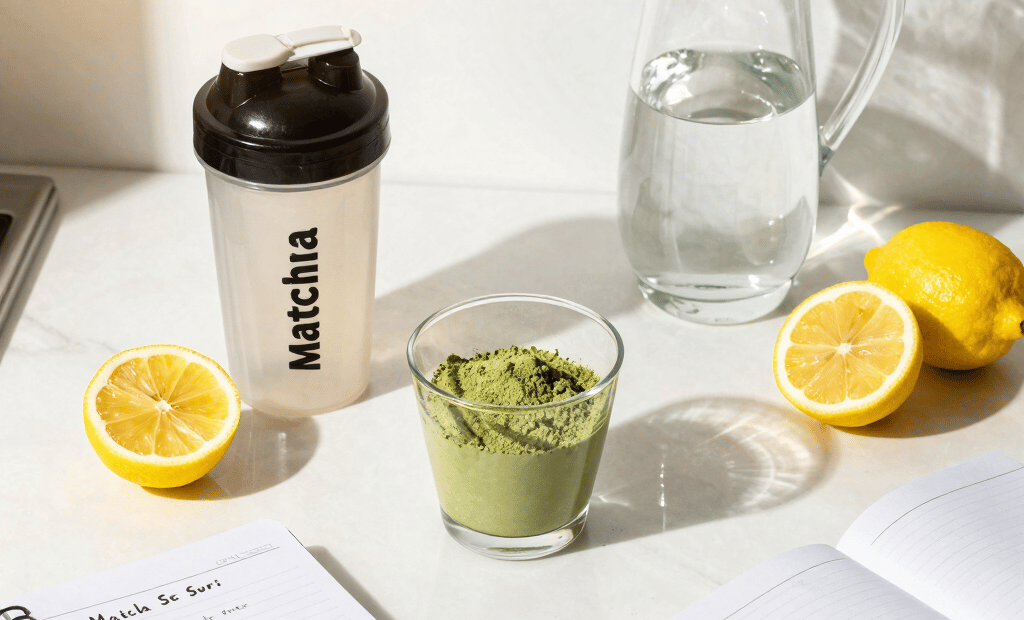 Step by step matcha powder for weight loss preparation showing Matcha Suri daily drink system
