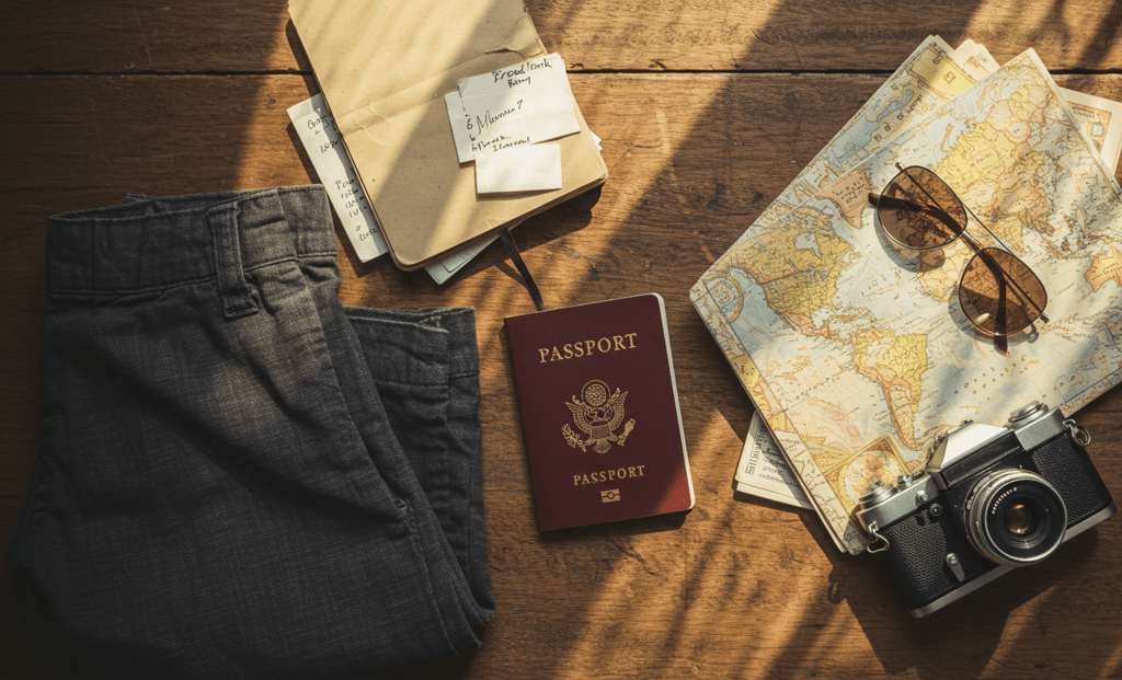 image of comfortable and stylish travel pants, camara, passport, map, and sunglasses