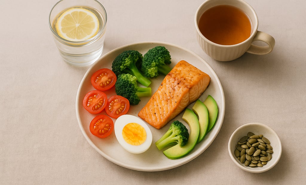 Colorful, healthy meal: vegetables, salmon, eggs, herbal tea and a glass of water with lemon.