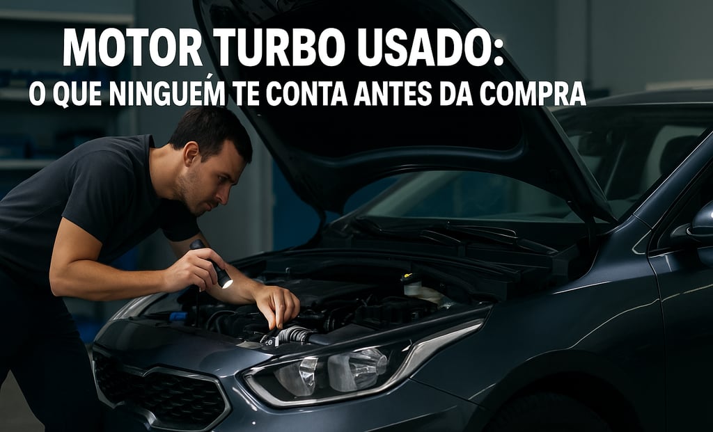 Mecânico inspecionando motor de carro turbo usado com capô aberto em oficina bem iluminada.