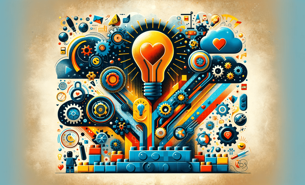 a colorful illustration of a light bulb with legos