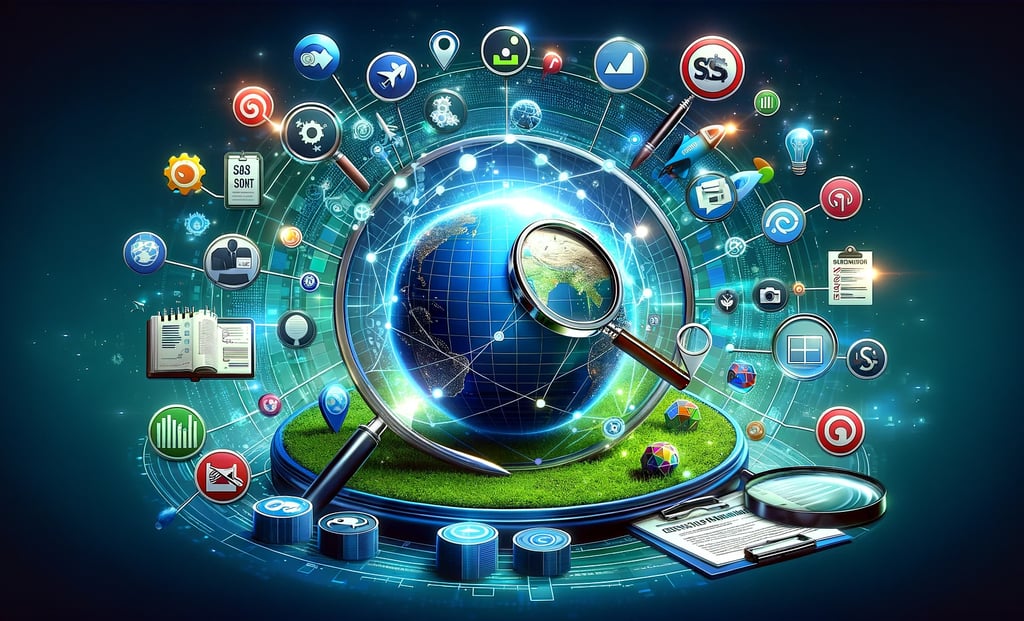 a globe with a magnifying lens and marketing symbols