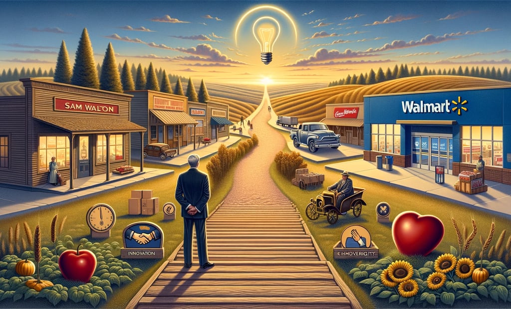 a man standing on a wooden walkway with a light bulb and a Walmart