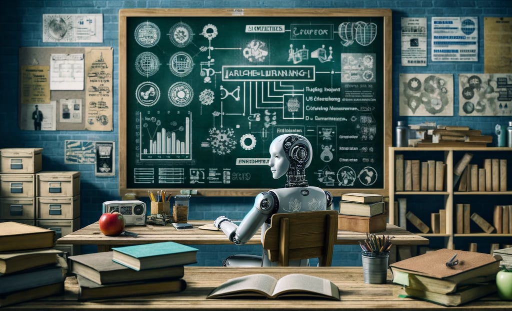 a robot is sitting at a desk with a blackboard