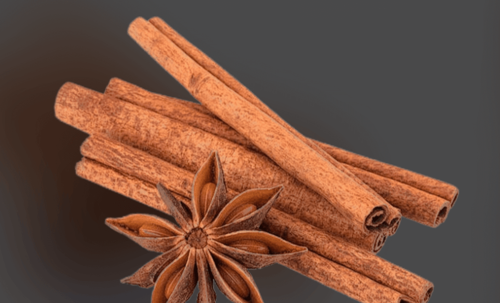 A cluster of aromatic whole cinnamon sticks and a single star anise pod on a dark grey background.