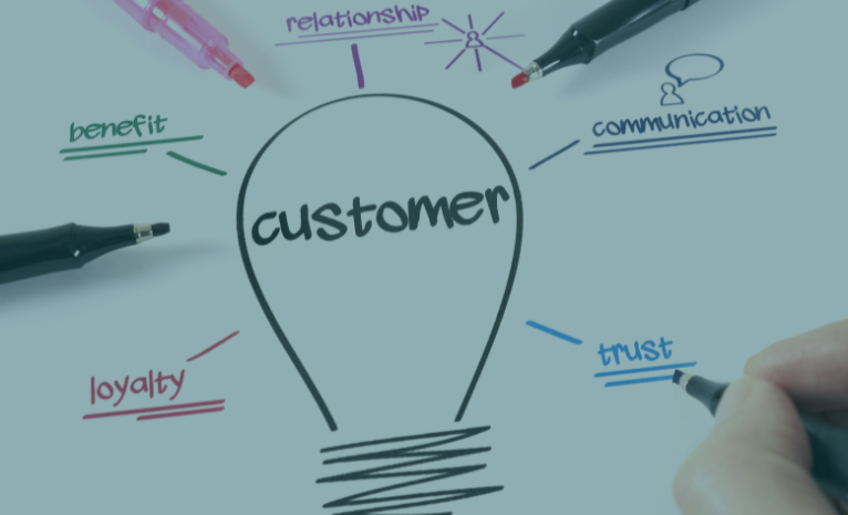 A lightbulb outlined with different areas of customer focus.