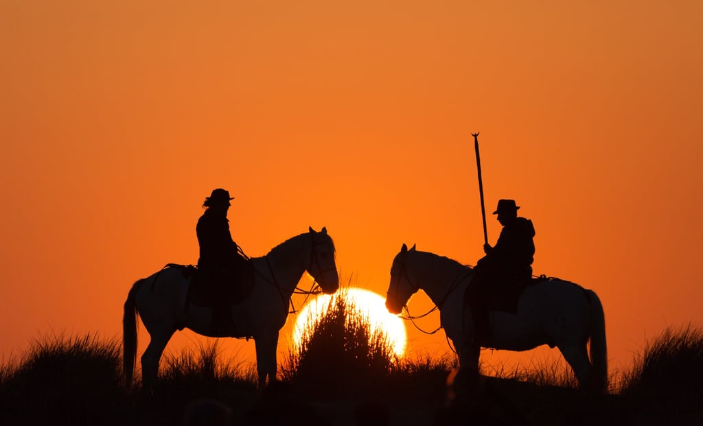 Silhouette of two Camargue horse riders at sunset with a vibrant orange sky background.