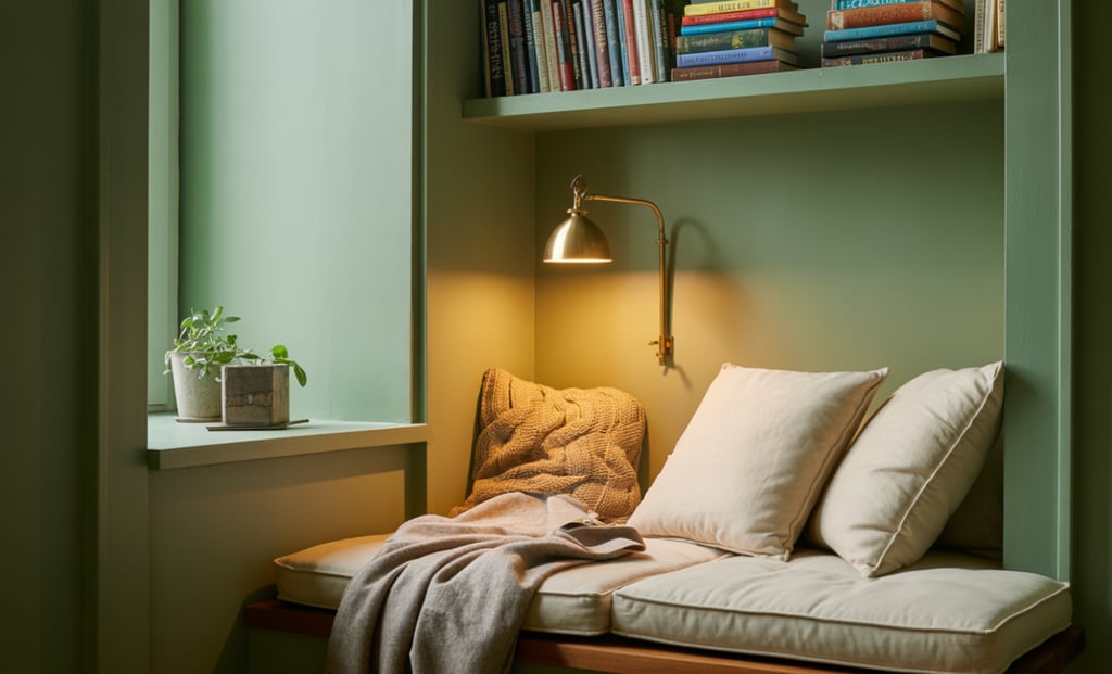 A single inviting reading bench nook placed in an overlooked wall space, soft cushions, stacked book