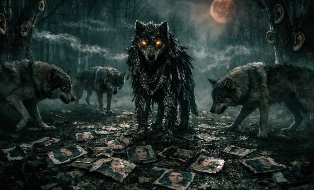 A dark fantasy scene featuring a pack of wolves with glowing eyes in a haunted forest under a full moon.