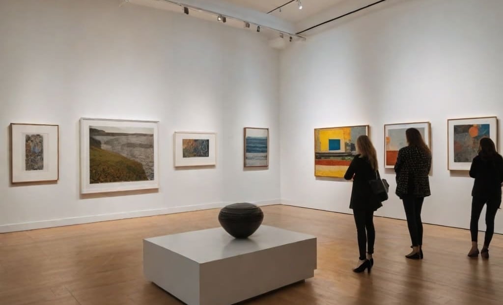 Galeria de arte com vibrantes obras de pop-art em exibição.