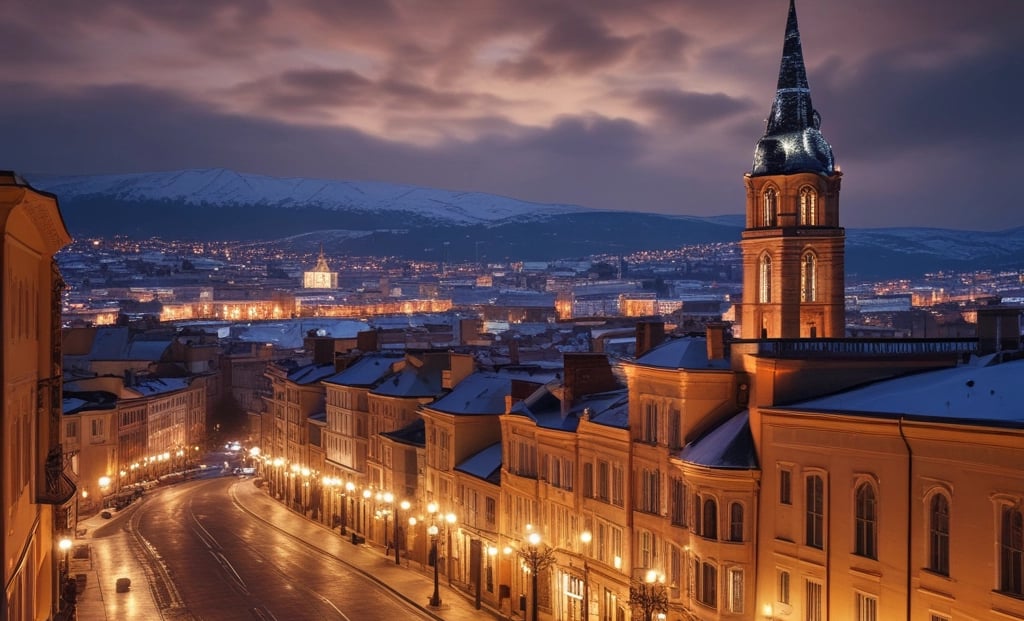 a church with a steeple lit up at night