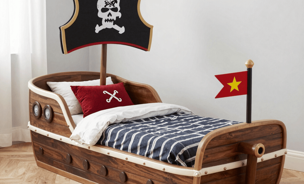 A magical forest nook with tree mural walls and a comfy reading tent.