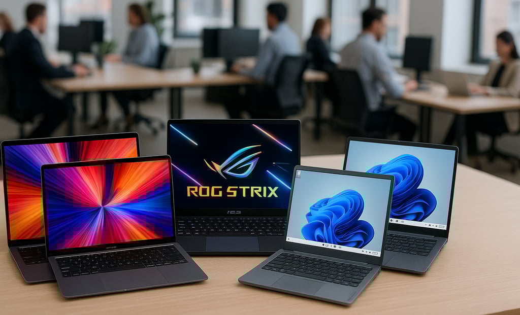 Modern laptops on office desk with professionals working in background.