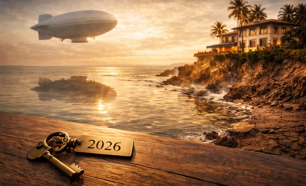 Hôtel en bord de mer en Guadeloupe au coucher du soleil, falaise en érosion, clé “2026” au premier plan et dirigeable Hinden.