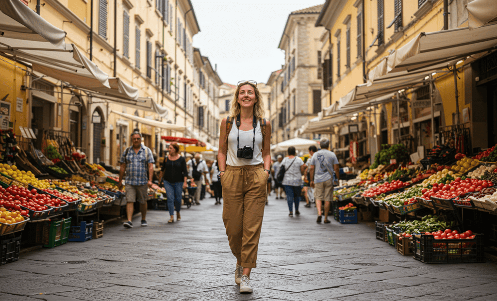 women walking in Italy market area with camara and comfortable and stylish travel pants 